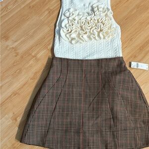Anthro Maeve NWT Plaid Brown Skirt AND cream colored ruffled sleeveless sweater